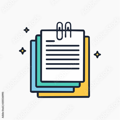 Stack of Papers with Paperclip and Sparkles