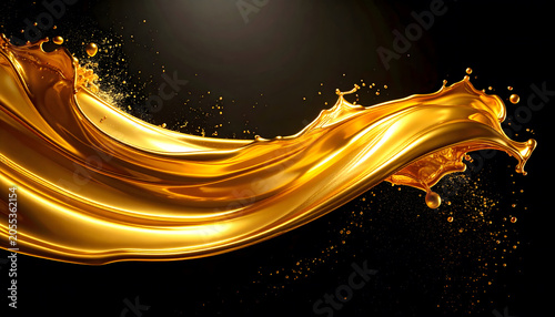 Liquid Gold Motion: Vibrant excitement shows in energetic gold liquid wave splash creating dramatic sweeping arc with fluid cascading flow under illumination
