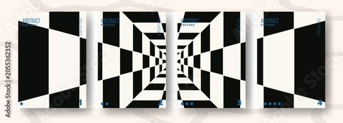 Adobe Illustrator ArtworkAbstract op art poster template set with black and white checkerboard tunnel perspective