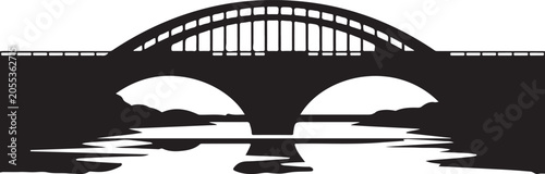 Fotografía Black bridge silhouette, arched bridge, river landscape, urban icon, graphic sym