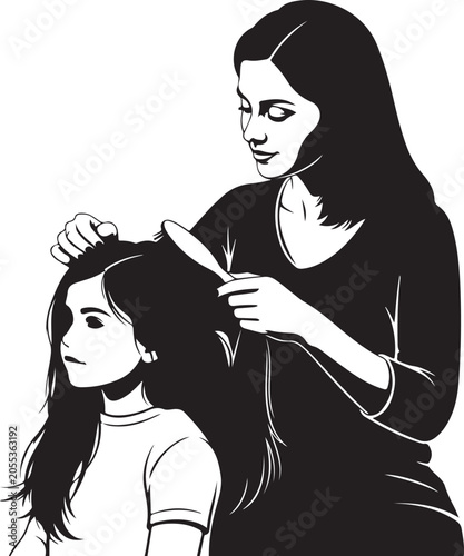 Obraz na plátně Black and white illustration of a woman combing a girl's hair, hair care, hairst