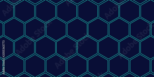Dark hexagon abstract technology background with blue colored bright flashes under hexagon. Hexagonal gaming vector tech wide illustration.