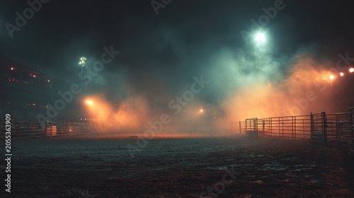 Desolate rodeo arena illuminated by bright lights and lingering smoke. Concept Rodeo Arena, Bright Lights, Smoke, Desolate Setting.