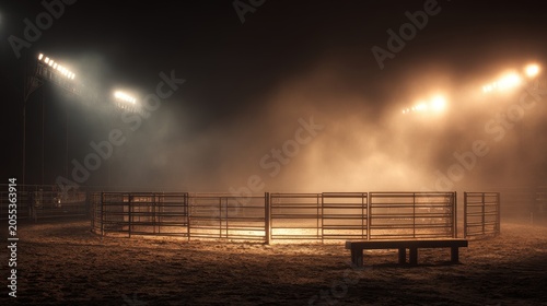Desolate rodeo arena illuminated by bright lights and lingering smoke. Concept Rodeo Arena, Bright Lights, Smoke, Desolate Setting.