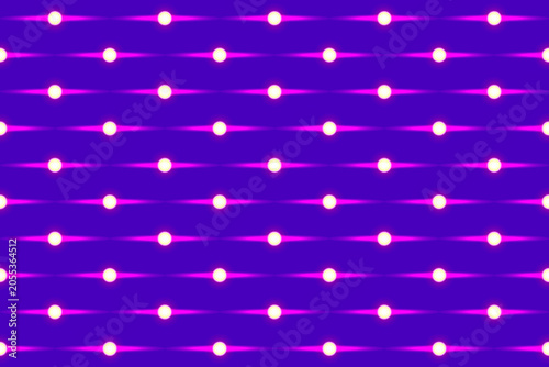 Vibrant glowing pink light bulbs on a bright purple background seamless pattern. Grid design with radiant halos forms. Futuristic neon light for innovative digital projects and tech background.