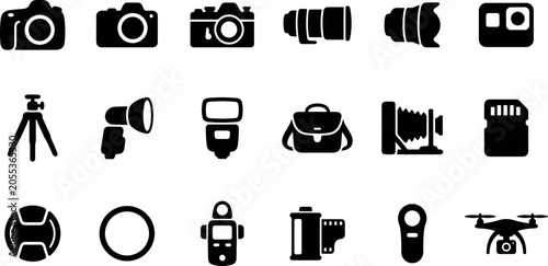 Schilderij op canvas Photography and video equipment solid black icon set including camera lens tripo