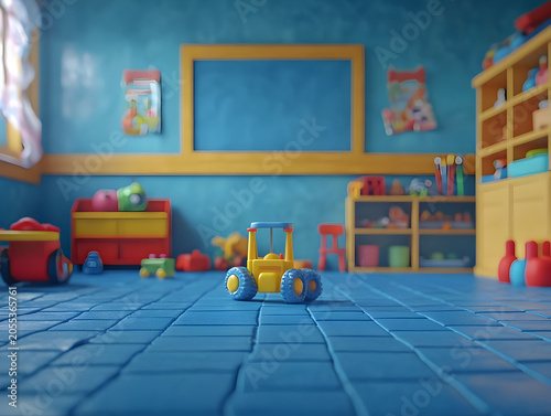 Blue playroom with toys and furniture.