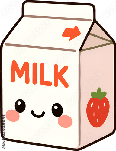 Milk carton with sad cow face and strawberry isolated on a transparent background, sad expression