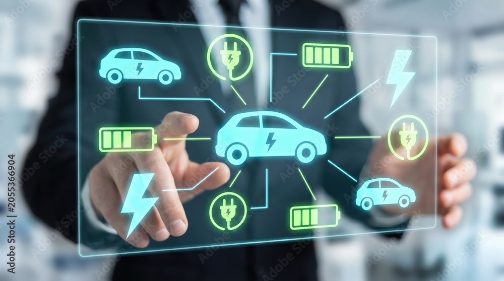 Obraz premium EV Charging and Green Energy Management Concept: Floating Cyan and Light Green Tech Interface with Electric Cars, Battery Status, and Lightning Bolt Icons
