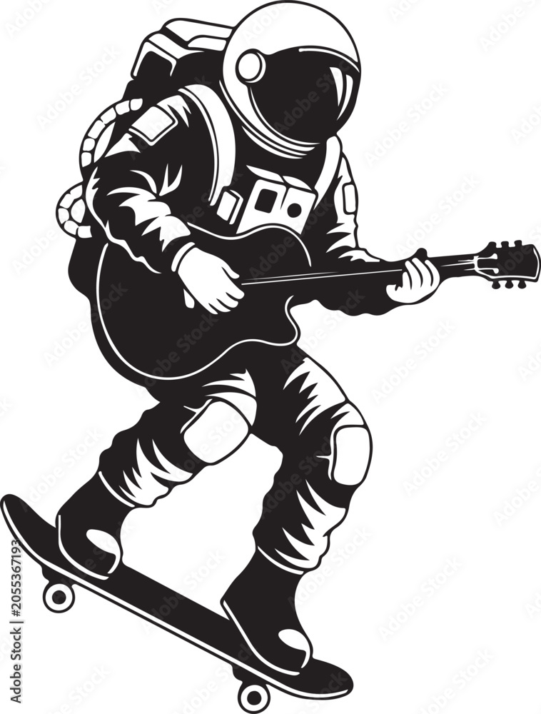 Obraz premium Astronaut, Space, Skateboarding, Music, Vector Illustration, Black and White, Guitar Player, Space Suit, Skateboard, Action