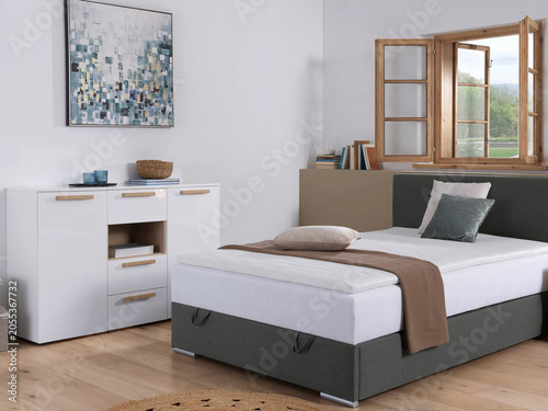 Modern luxury bedroom interior in minimal scandinavian style, 3d render