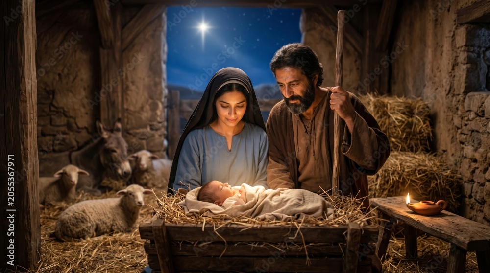 Fototapeta premium Woman and man standing over baby in manger. Nativity scene with nativity of Jesus. Holy family inside wooden stable with animal. Traditional religious celebration of Christmas holiday.