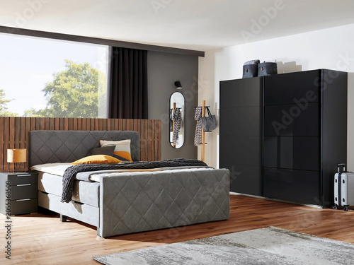 Modern luxury bedroom interior in minimal scandinavian style, 3d render