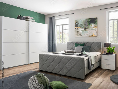 Modern luxury bedroom interior in minimal scandinavian style, 3d render