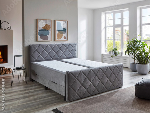 Modern luxury bedroom interior in minimal scandinavian style, 3d render