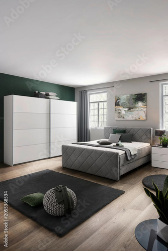 Modern luxury bedroom interior in minimal scandinavian style, 3d render