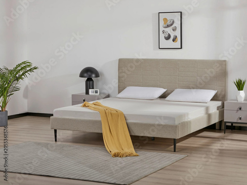 Modern luxury bedroom interior in minimal scandinavian style, 3d render