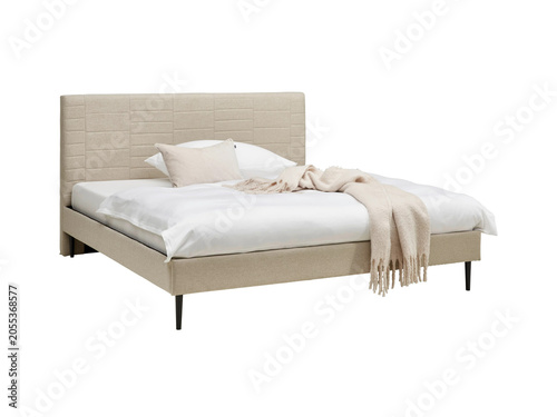 Classic double bed with big headboard isolated on white