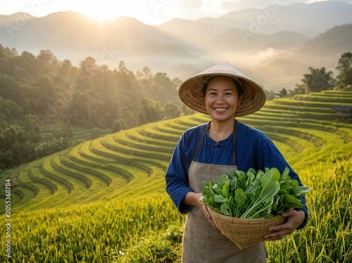 Farmer holding basket fresh greens background detail