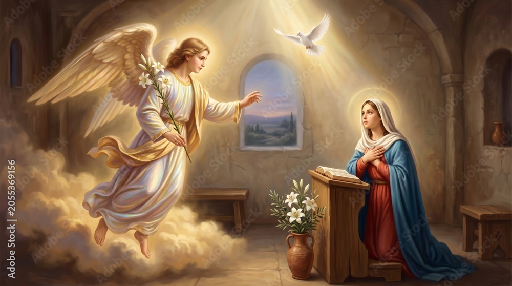 Naklejka premium Angel Gabriel appearing to young woman Mary holding lily in room with dove. Bible annunciation scene. Religious painting representing Christian tradition and divine message of Christmas.