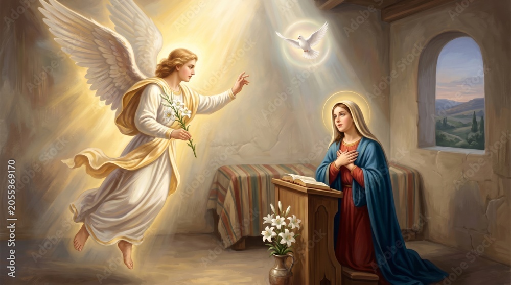 Naklejka premium Angel Gabriel appearing to young woman Mary. Annunciation of Jesus birth scene. Biblical religious art featuring divine light and flying dove. Christian spiritual event painting.