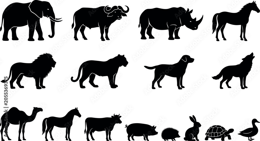 Fototapeta premium Wild African Safari and Domestic Farm Animal Black Silhouette Icon Set with Elephant Lion Rhino Horse Cow and Dog for Logo Design