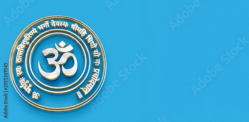 Bild auf Leinwand 3D Metallic Om Symbol with Gayatri Mantra Typography on Textured Blue Background