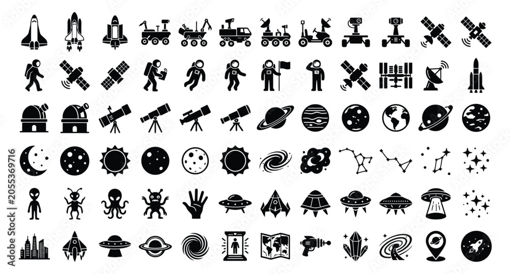 Obraz premium A grid sheet of 50 unique minimalist vector icons, showcasing space exploration, astronomy, and futuristic galaxy concepts .eps