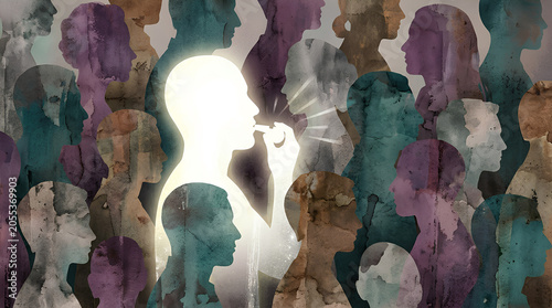 Whistleblower standing out from a diverse crowd, symbolizing speaking out, truth, courage, and transparency in society.