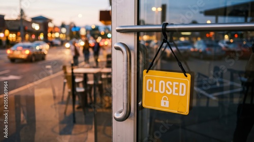 Closed sign hanging on glass door of store. Small business shop entrance at night on city street. Retail establishment concept after working hour. Warning message of business shutdown.