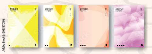 Abstract bright yellow and pink gradient posters with geometric shapes and fluid organic layers.