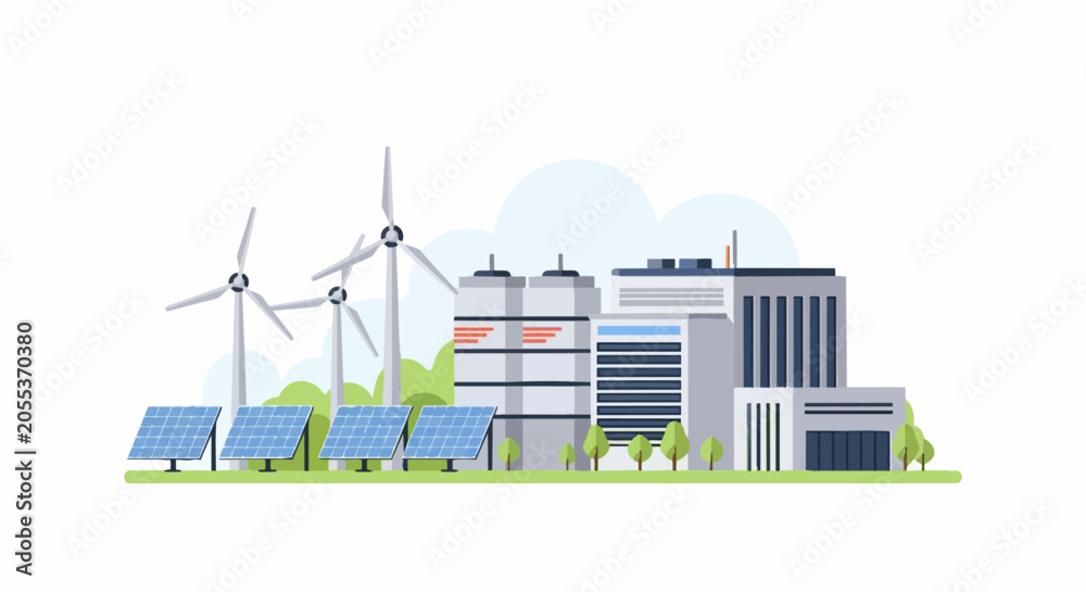 Fototapeta premium Modern Sustainable Power Plant with Solar Panels and Wind Turbines Flat Vector Illustration