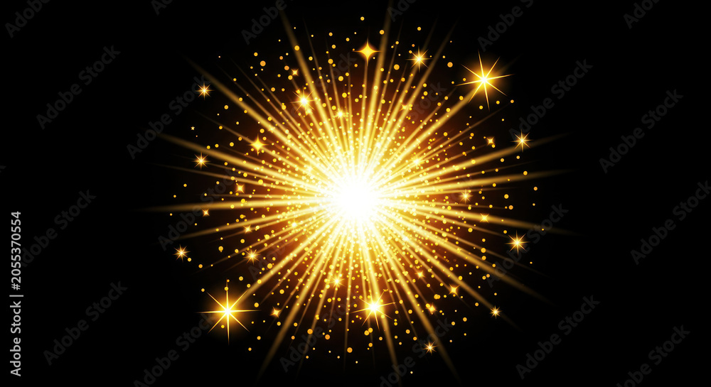 Fototapeta premium A brilliant golden explosion radiates outward from a central point against a stark black background.