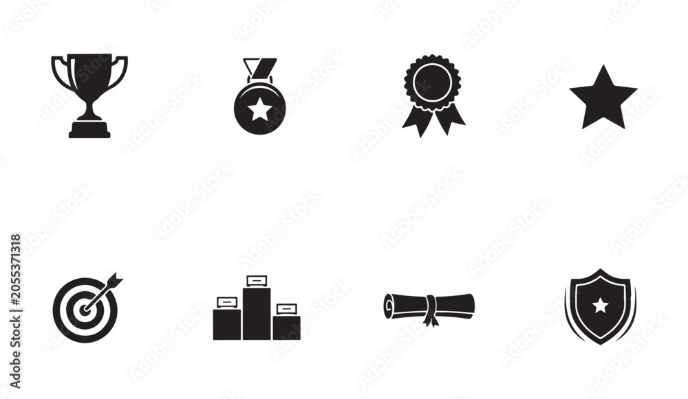 Fototapeta premium Set of award icons trophy medal star target podium scroll shield honor celebration.