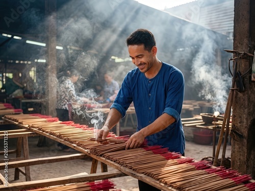 Male incense maker arranging sticks background detail