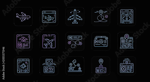 A collection of modern icon designs related to air travel and navigation, featuring airplanes, maps, and control panels, presented in a clean, digital style