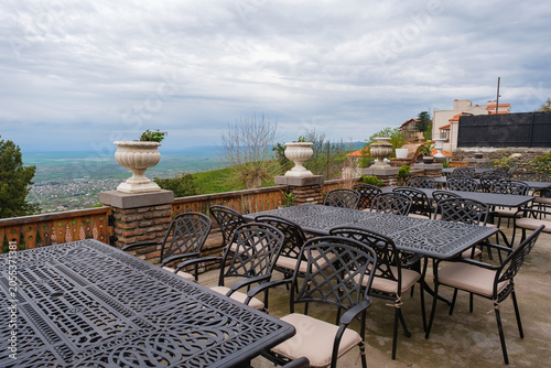 Sighnaghi, Georgia. Tables in a restaurant overlooking the Georgian valley