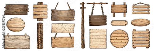 A rustic collection of hand-drawn wooden signs, banners, and planks in various shapes and textures. This versatile element set is perfect for vintage, western, or outdoor-themed graphic designs.