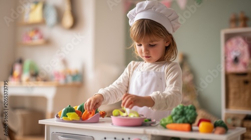 Little girl pretending to be a chef in a toy kitchen
