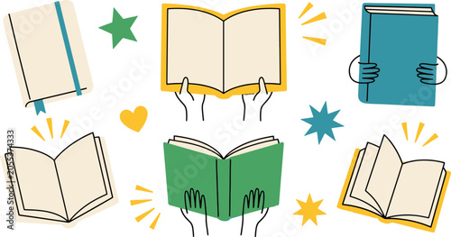 Set of cute hand-drawn reading and education graphic illustrations with education literature knowledge learning textbook academic inspiration information schooling brainstorm creativity