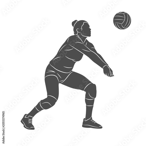 Silhouette of a volleyball player on white background. Volleyball player woman hits the ball. Vector illustration