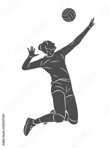 Silhouette of a volleyball player on white background. Volleyball player woman hits the ball. Vector illustration