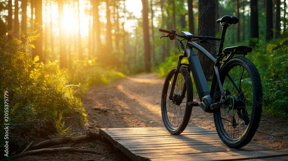 Fototapeta premium Electric Bike on Forest Path: An electric bicycle rests on a wooden bridge along a sun-dappled forest path, inviting exploration through a serene natural landscape.