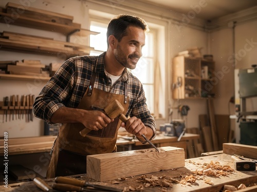 Woodworker carving wood in workshop background detail
