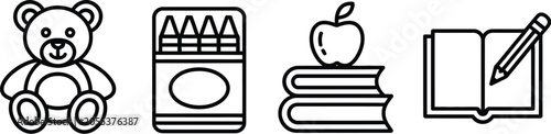 Vector illustration of childhood education line icons including teddy bear toy crayons box apple on books stack and notebook pencil.
