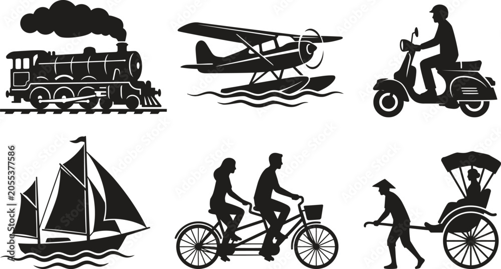 Obraz premium Vintage Transport Silhouettes Collection of Six Travel Modes in Minimalist Style