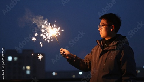 Young man in glasses holds sparkler against a dark sky at dusk