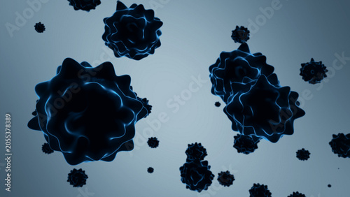 Bild auf Leinwand Glowing animated microorganisms float in an abstract space, reminiscent of viral particles or cells under a microscope