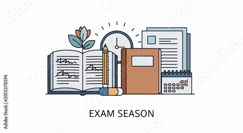 Open book, pencil, clock, notebook, papers, and calendar denote the busy study period