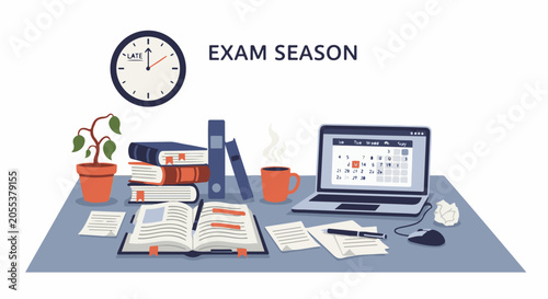 A desk setup for exam season with books, a clock indicating late, and a laptop displaying a calendar